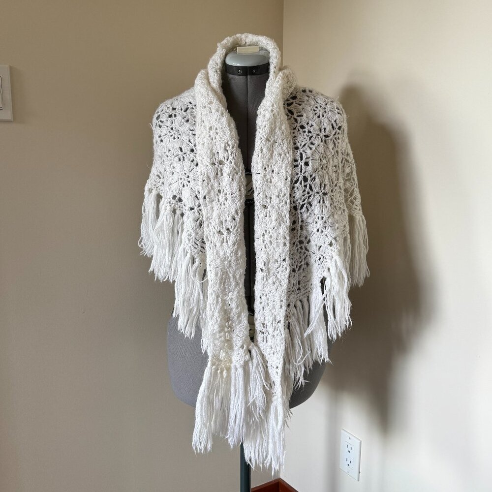 Handmade Crochet Shawl Wrap Ivory Fringe Boho Cottagecore